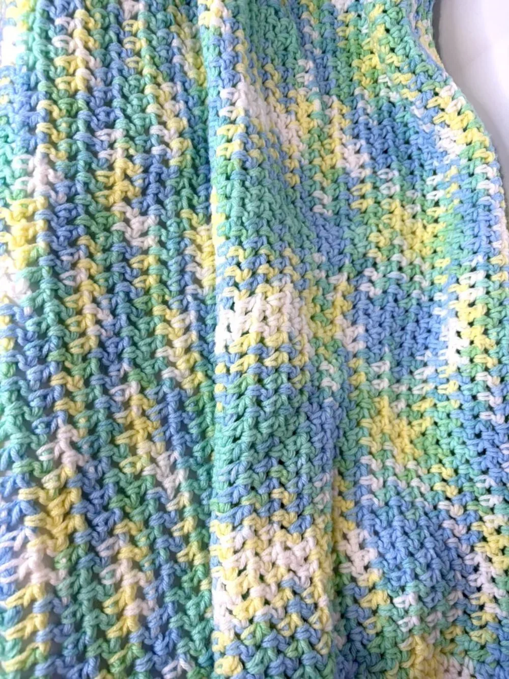 Handmade Crochet Baby Blanket Blue Green Yellow White Grandmacore Nursery Throw